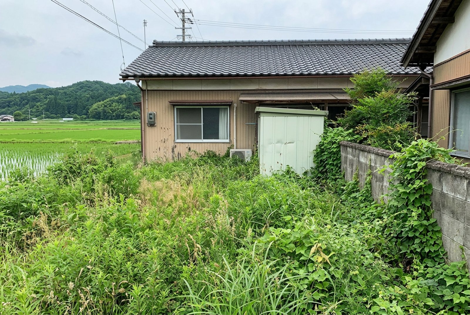 草を刈る前の裏庭。腰の高さまで雑草が伸び、ブロック塀までツルが覆っている