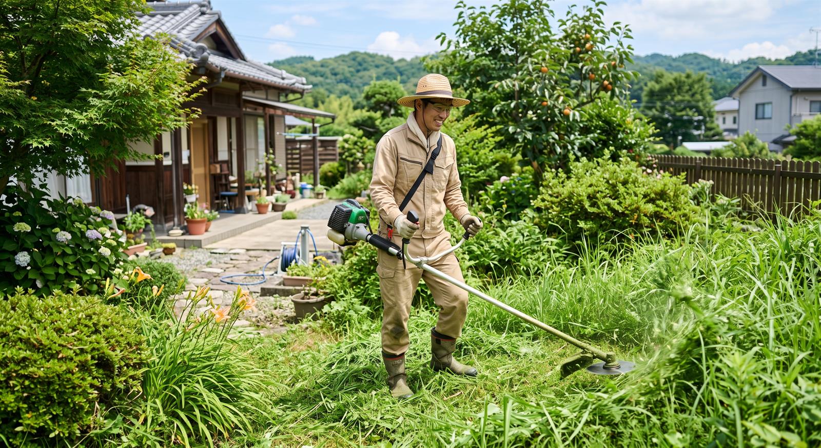 住宅の庭で草を刈っているところ。手前に花壇があり、その手前だけ刈り残してある