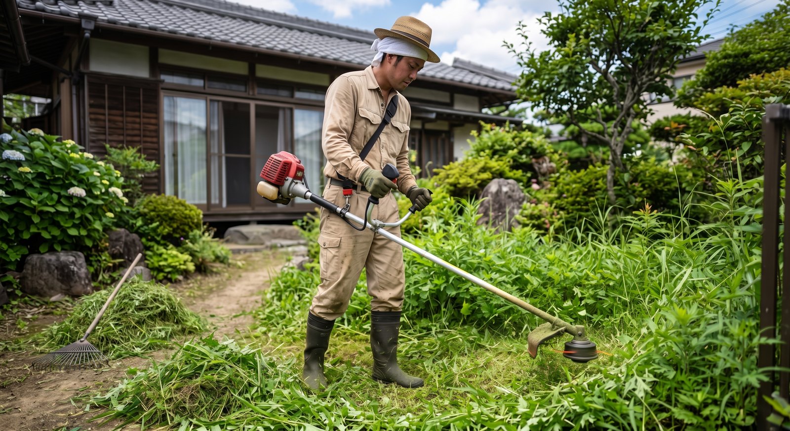 庭で草を刈っているところ。左手前に、刈った草をかき集めて山にしてある