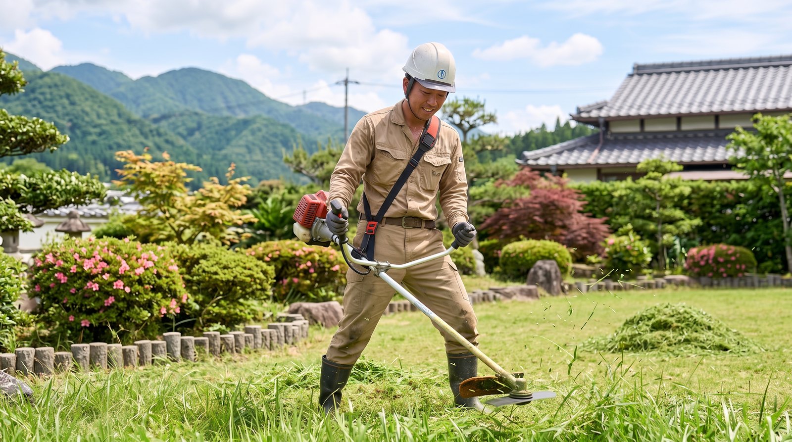 短く刈りそろえられた庭で仕上げの草刈りをしているところ。奥に刈った草を集めた山
