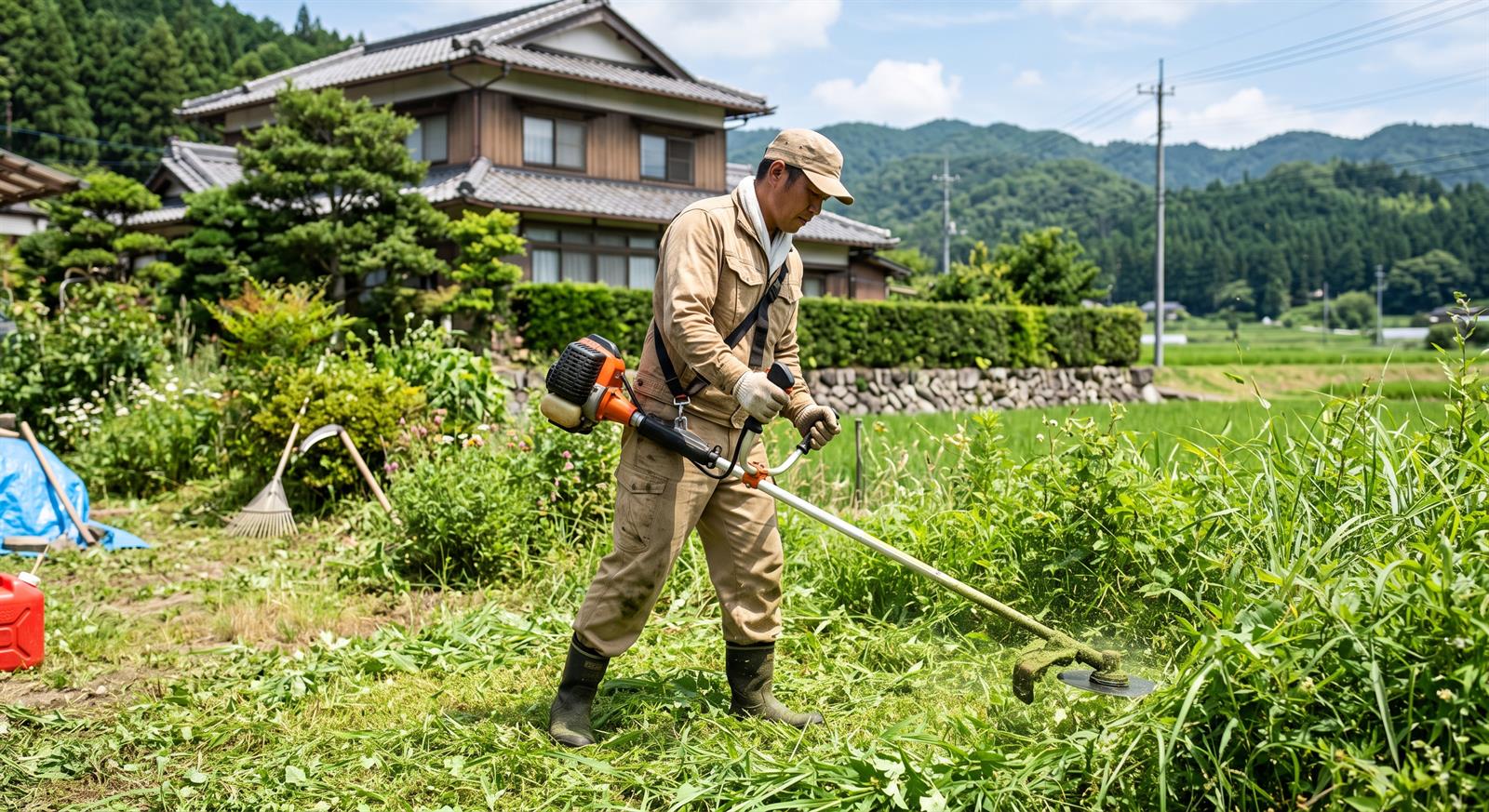 家のわきの空き地で刈払機を使って草を刈っているところ。手前はすでに短く刈られている