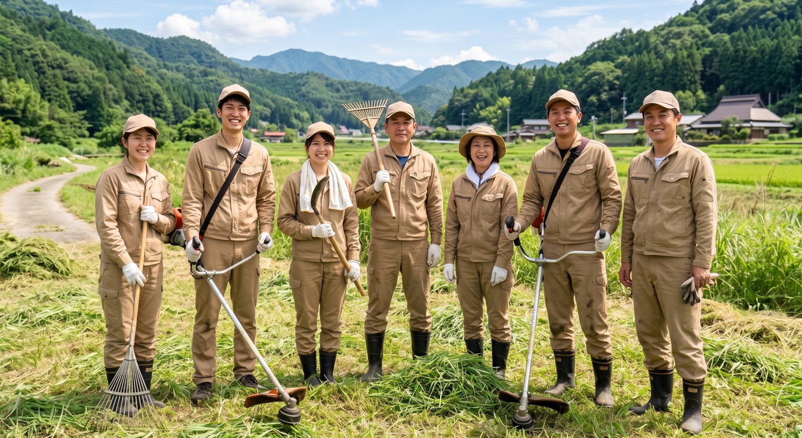 草刈りの道具を持って田んぼのわきに並んだ作業者たち。奥に福井の山なみと集落